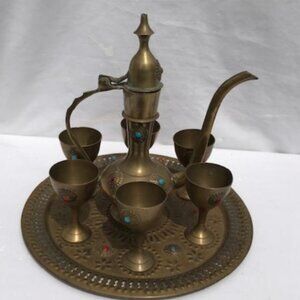 Moroccan Antique Turkish Style Brass Coffee Pot 6 Brass Cups 1 Serving Tray Set